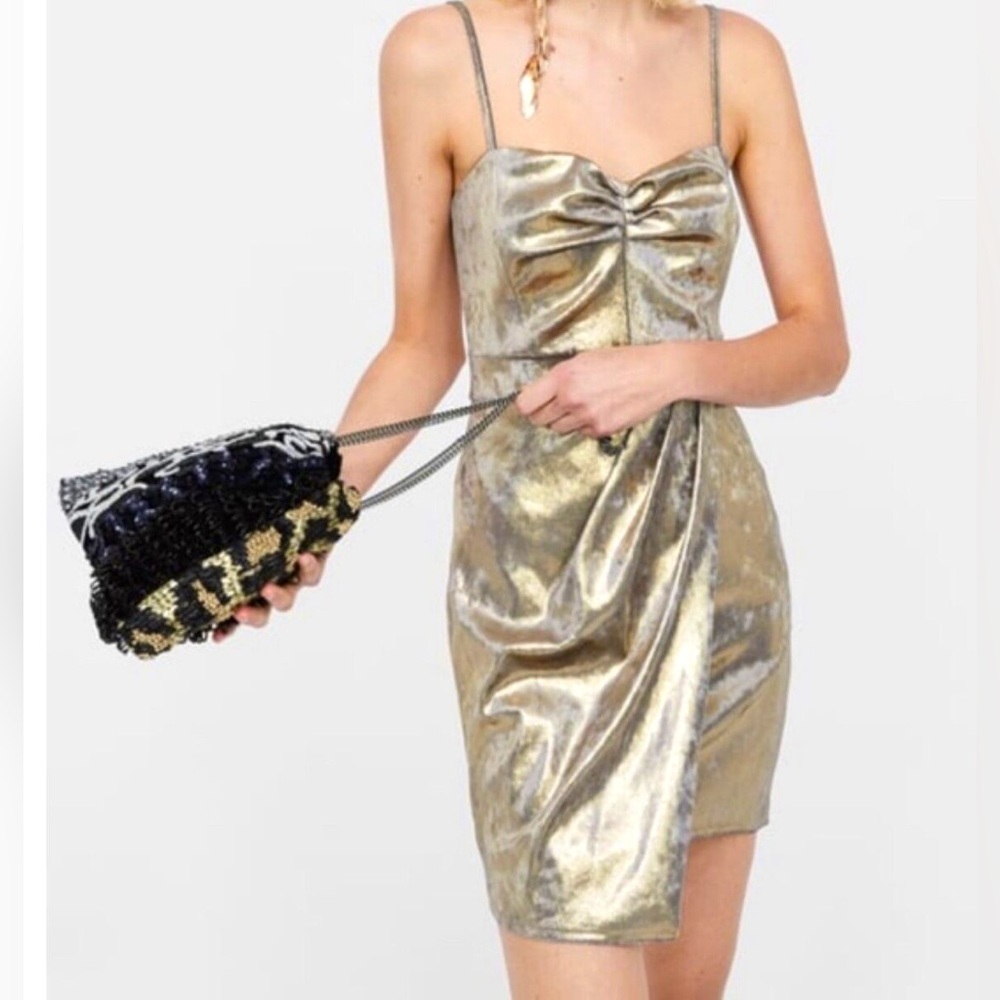 Zara Metallic Gold Asymmetrical Mini Dress